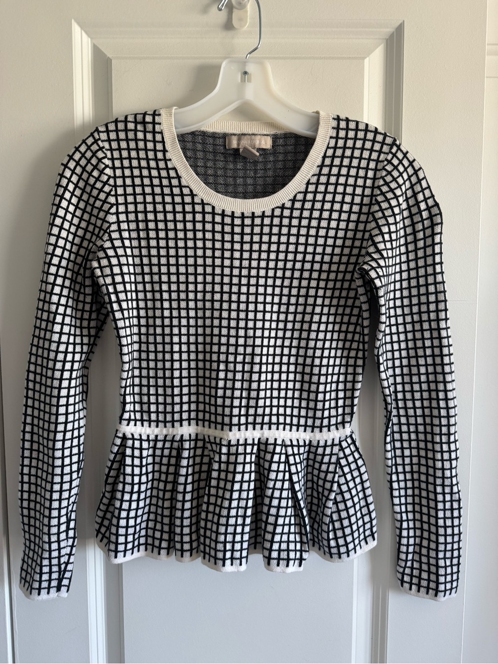 Banana Republic Black and White Grid Peplum Crewneck Sweater
